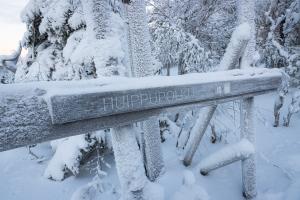 Panneau gelé sur le Huippupolku Trail dans le Parc national de Syöte